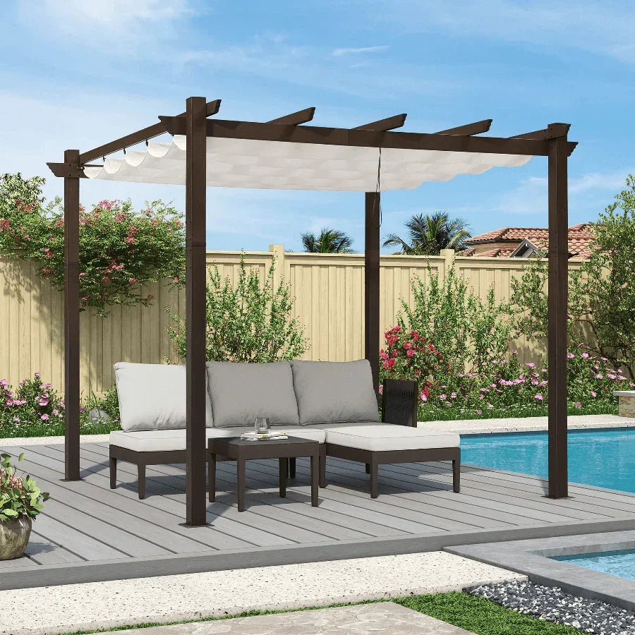 PURPLE LEAF Bronze Pergola Outdoor Retractable Metal Pergola with Canopy with Shade Cover With Curtains