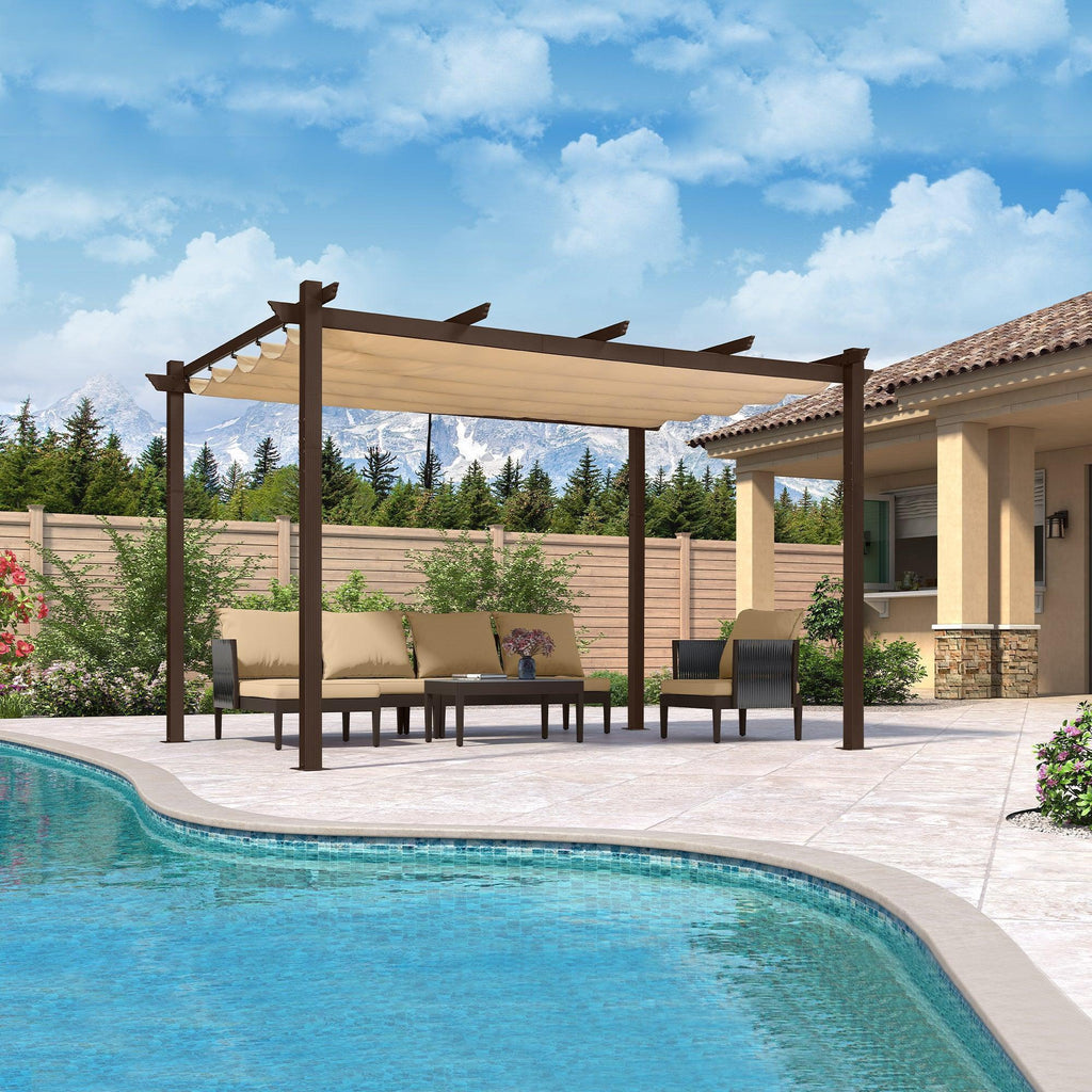 PURPLE LEAF Bronze Pergola Outdoor Retractable Metal Pergola with Canopy with Shade Cover With Curtains