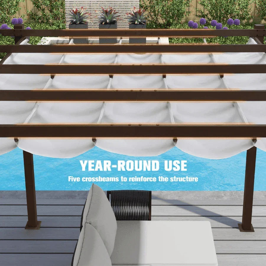PURPLE LEAF Bronze Pergola Outdoor Retractable Metal Pergola with Canopy with Shade Cover With Curtains
