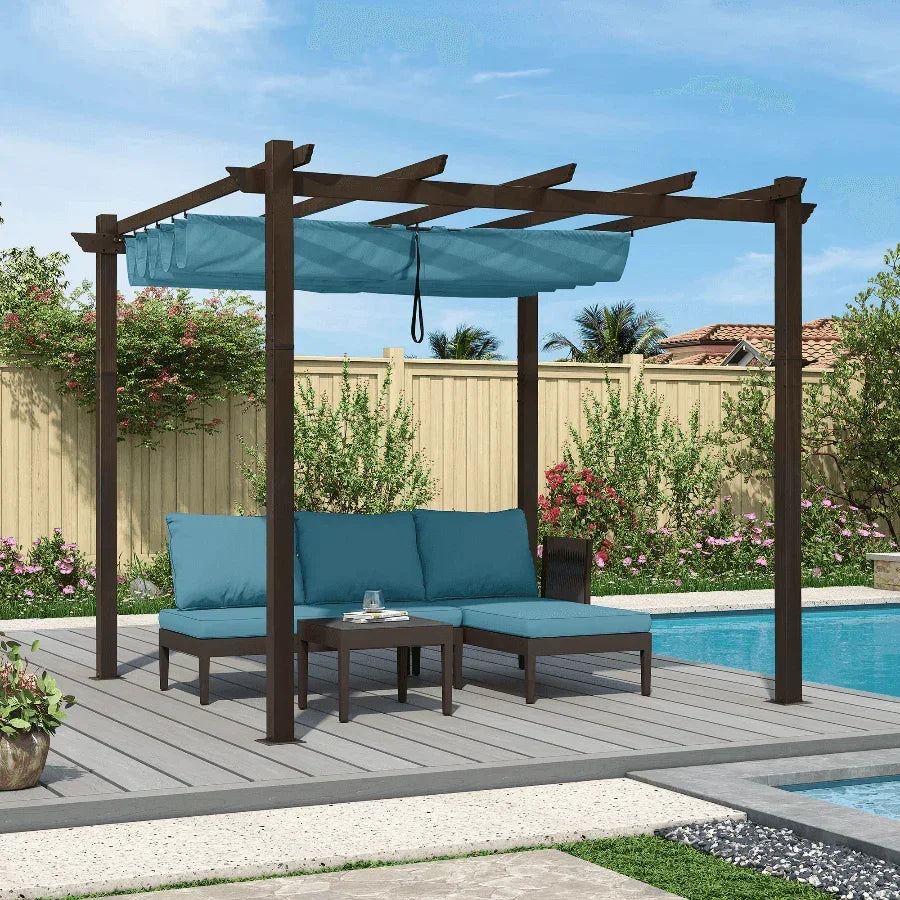 PURPLE LEAF Bronze Pergola Outdoor Retractable Metal Pergola with Canopy with Shade Cover With Curtains