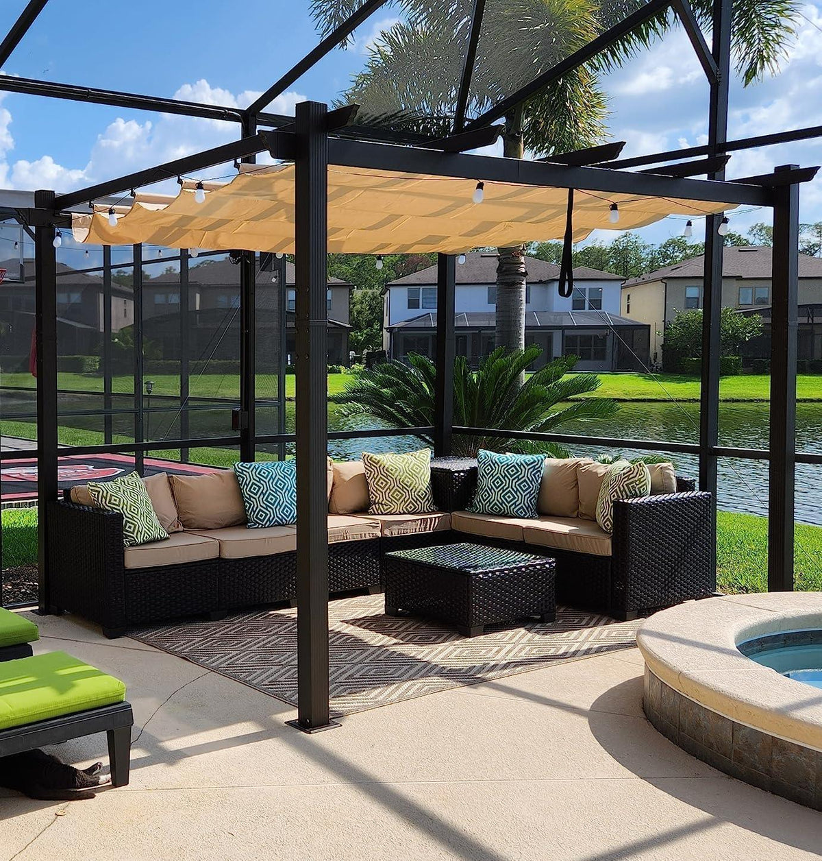 PURPLE LEAF Bronze Pergola Outdoor Retractable Metal Pergola with Canopy with Shade Cover With Curtains
