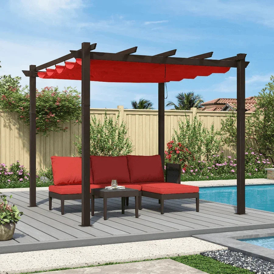 PURPLE LEAF Bronze Pergola Outdoor Retractable Metal Pergola with Canopy with Shade Cover With Curtains