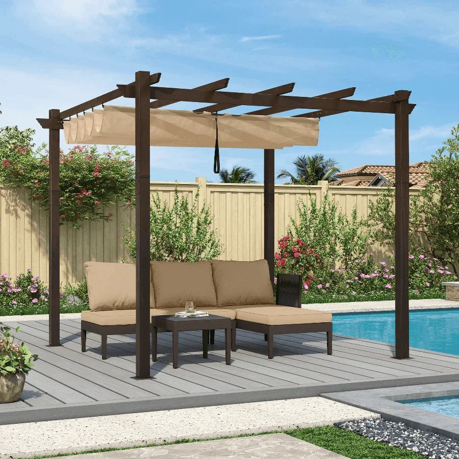 PURPLE LEAF Bronze Pergola Outdoor Retractable Metal Pergola with Canopy with Shade Cover With Curtains