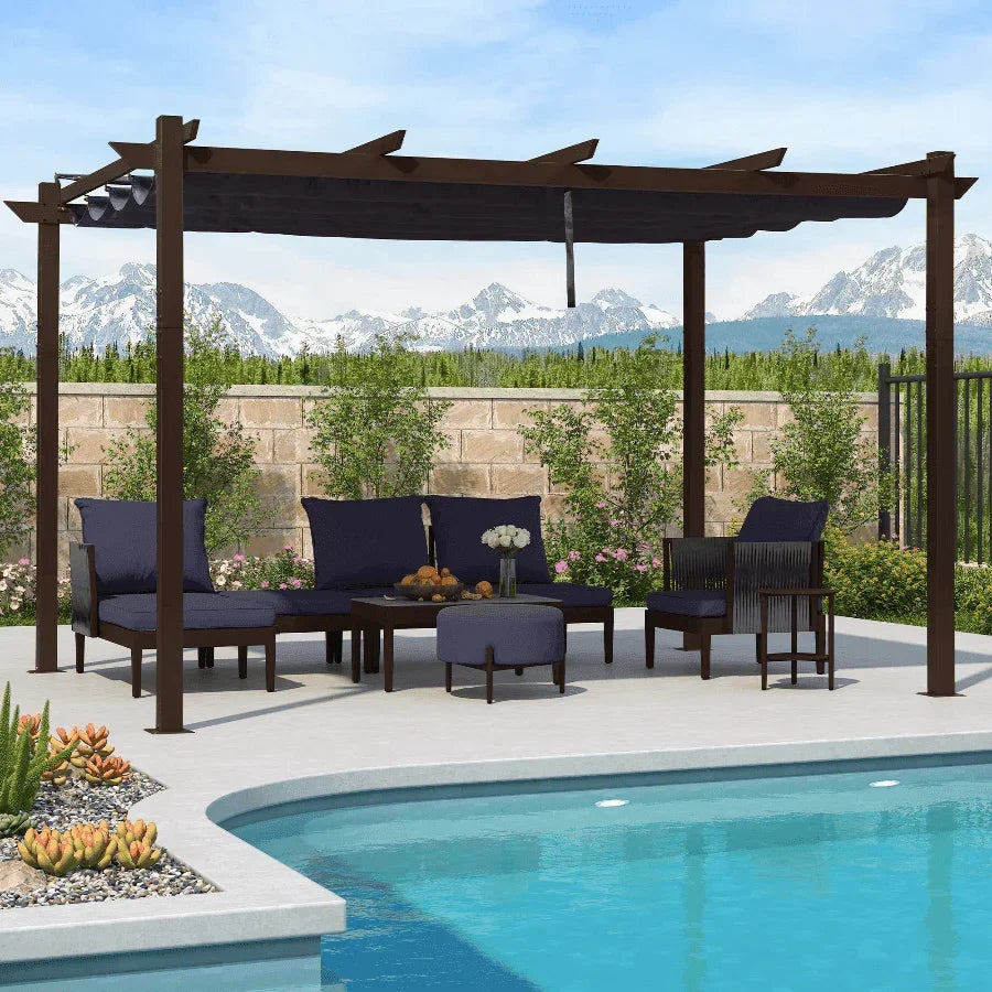 PURPLE LEAF Bronze Pergola Outdoor Retractable Metal Pergola with Canopy with Shade Cover With Curtains
