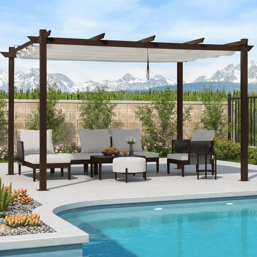PURPLE LEAF Bronze Pergola Outdoor Retractable Metal Pergola with Canopy with Shade Cover With Curtains