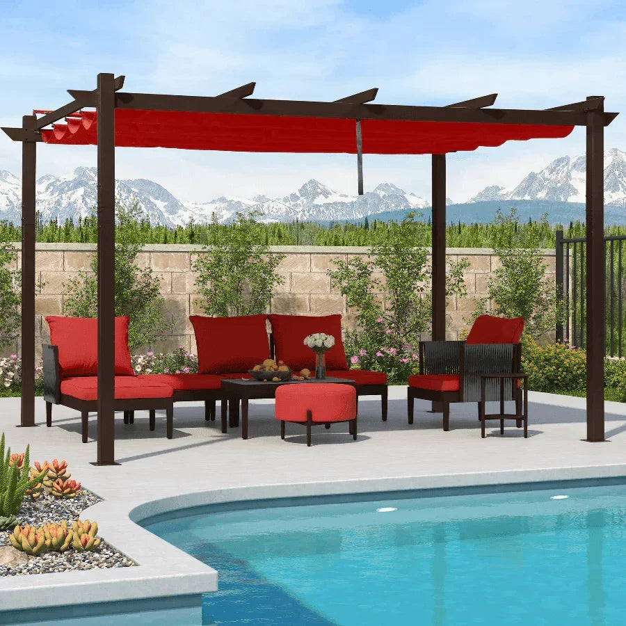 PURPLE LEAF Bronze Pergola Outdoor Retractable Metal Pergola with Canopy with Shade Cover With Curtains