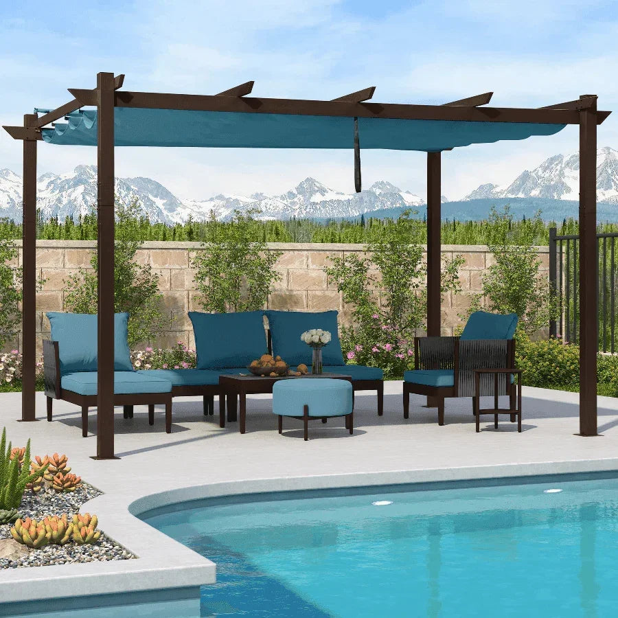 PURPLE LEAF Bronze Pergola Outdoor Retractable Metal Pergola with Canopy with Shade Cover With Curtains