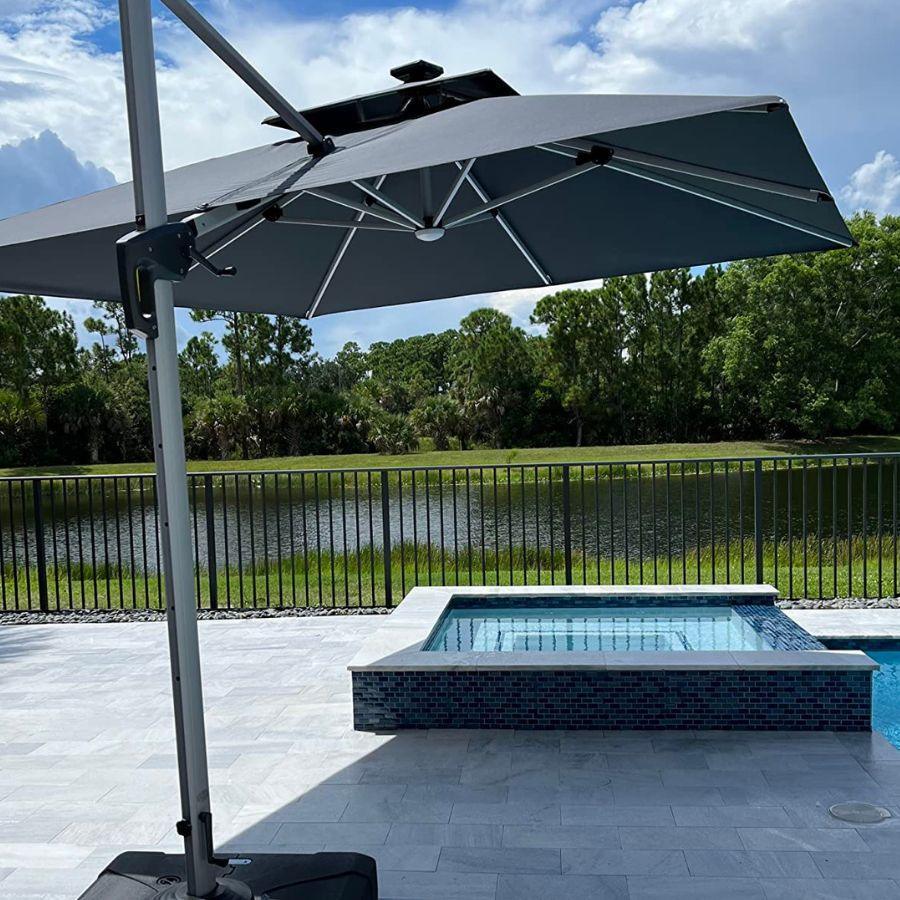 PURPLE LEAF Rectangular Cantilever Umbrella with Base, Outdoor Umbrellas with Lights
