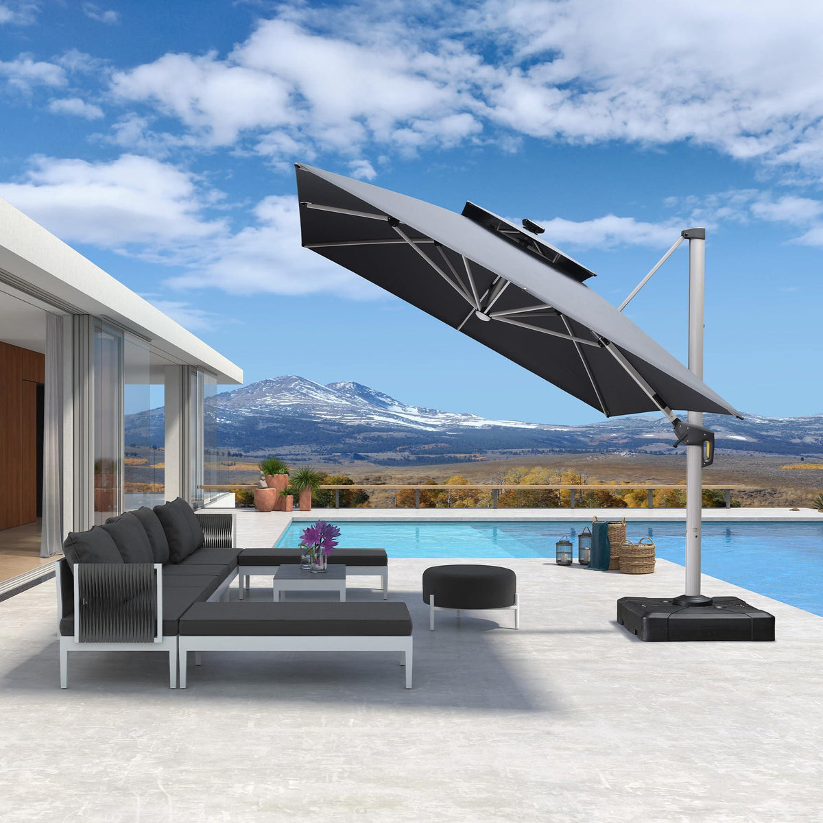 PURPLE LEAF Solar Powered Umbrella LED Rectangular Patio Umbrella with Lights