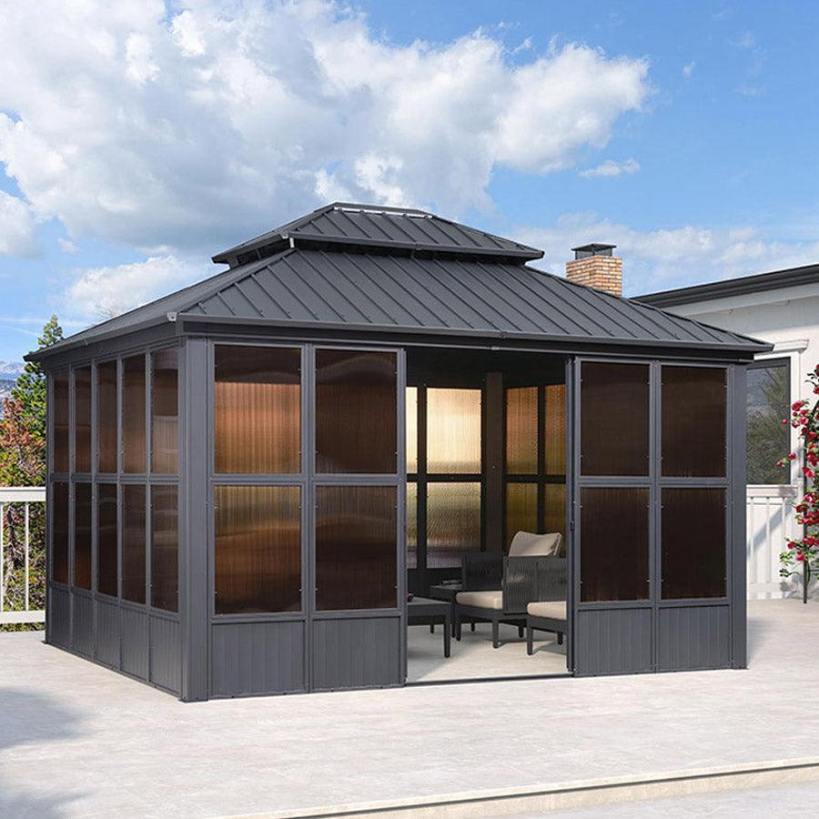PURPLE LEAF Sunroom Hardtop Gazebo Solarium Grey Galvanized Steel Double Roof  All-Weather Aluminum Outdoor Screen House