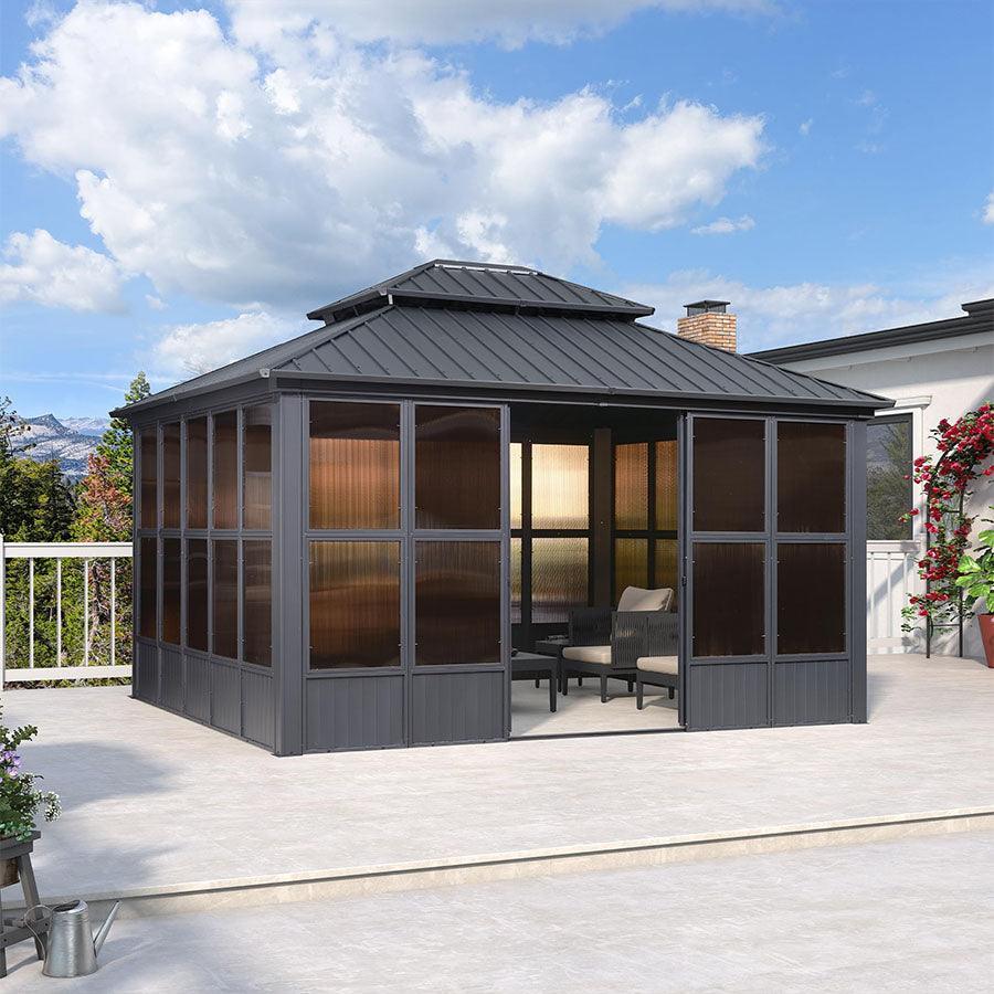 PURPLE LEAF Sunroom Hardtop Gazebo Solarium Grey Galvanized Steel Double Roof  All-Weather Aluminum Outdoor Screen House
