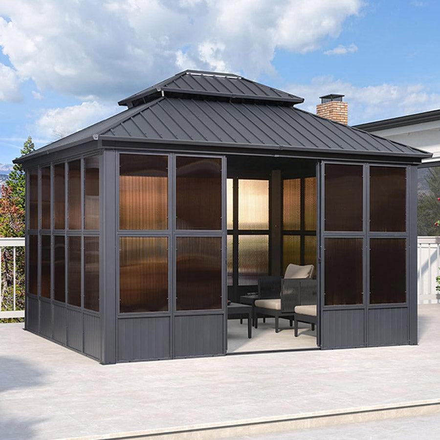 PURPLE LEAF Sunroom Hardtop Gazebo Solarium Grey Galvanized Steel Double Roof  All-Weather Aluminum Outdoor Screen House