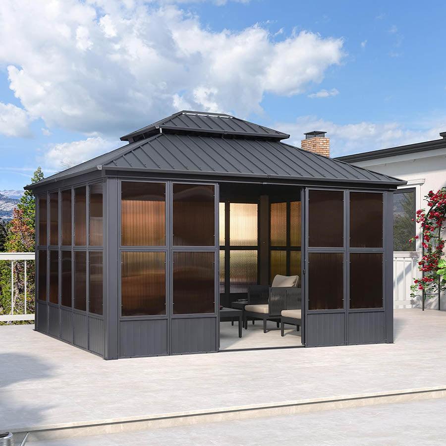 PURPLE LEAF Sunroom Hardtop Gazebo Solarium Grey Galvanized Steel Double Roof  All-Weather Aluminum Outdoor Screen House