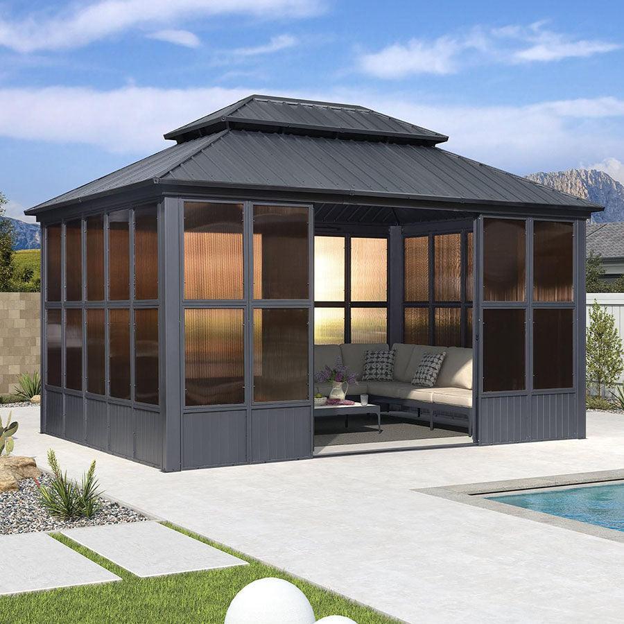 PURPLE LEAF Sunroom Hardtop Gazebo Solarium Grey Galvanized Steel Double Roof  All-Weather Aluminum Outdoor Screen House