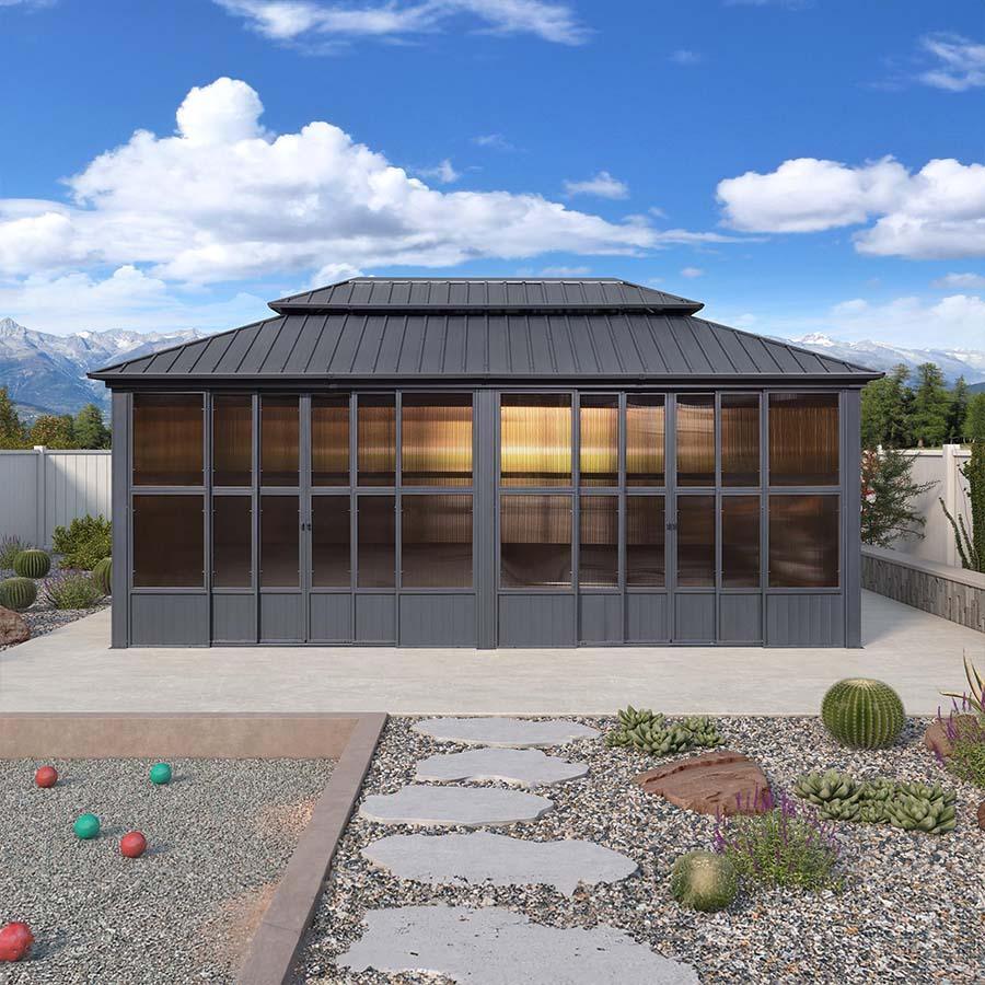 PURPLE LEAF Sunroom Hardtop Gazebo Solarium Grey Galvanized Steel Double Roof  All-Weather Aluminum Outdoor Screen House