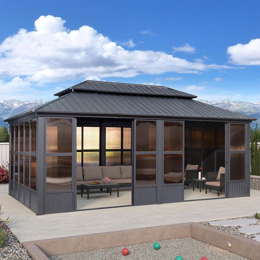 PURPLE LEAF Sunroom Hardtop Gazebo Solarium Grey Galvanized Steel Double Roof  All-Weather Aluminum Outdoor Screen House
