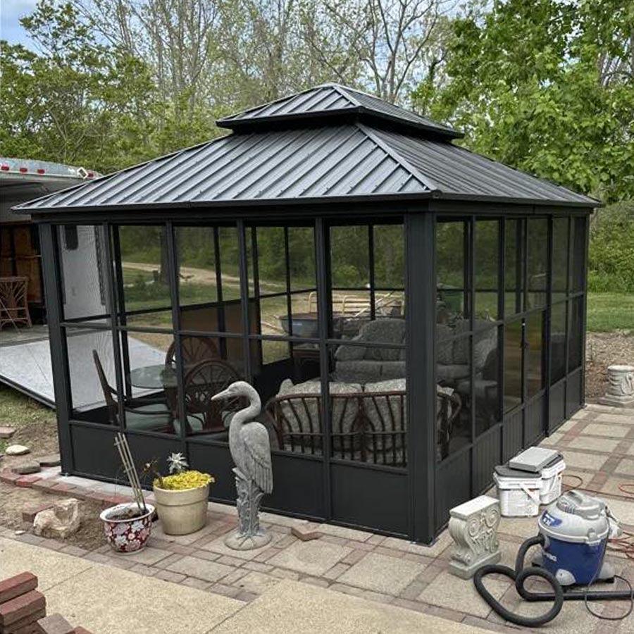 PURPLE LEAF Sunroom Hardtop Gazebo Solarium Grey Galvanized Steel Double Roof  All-Weather Aluminum Outdoor Screen House
