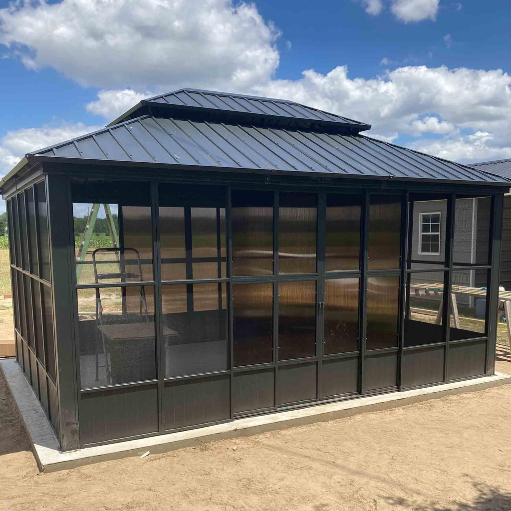 PURPLE LEAF Sunroom Hardtop Gazebo Solarium Grey Galvanized Steel Double Roof  All-Weather Aluminum Outdoor Screen House