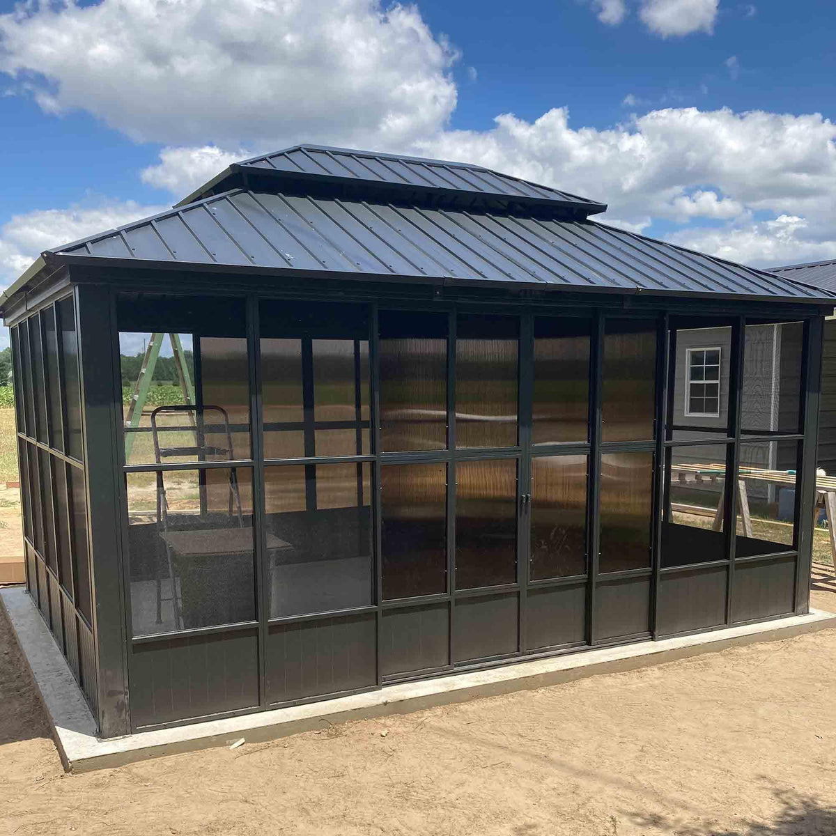 PURPLE LEAF Sunroom Hardtop Gazebo Solarium Grey Galvanized Steel Double Roof  All-Weather Aluminum Outdoor Screen House