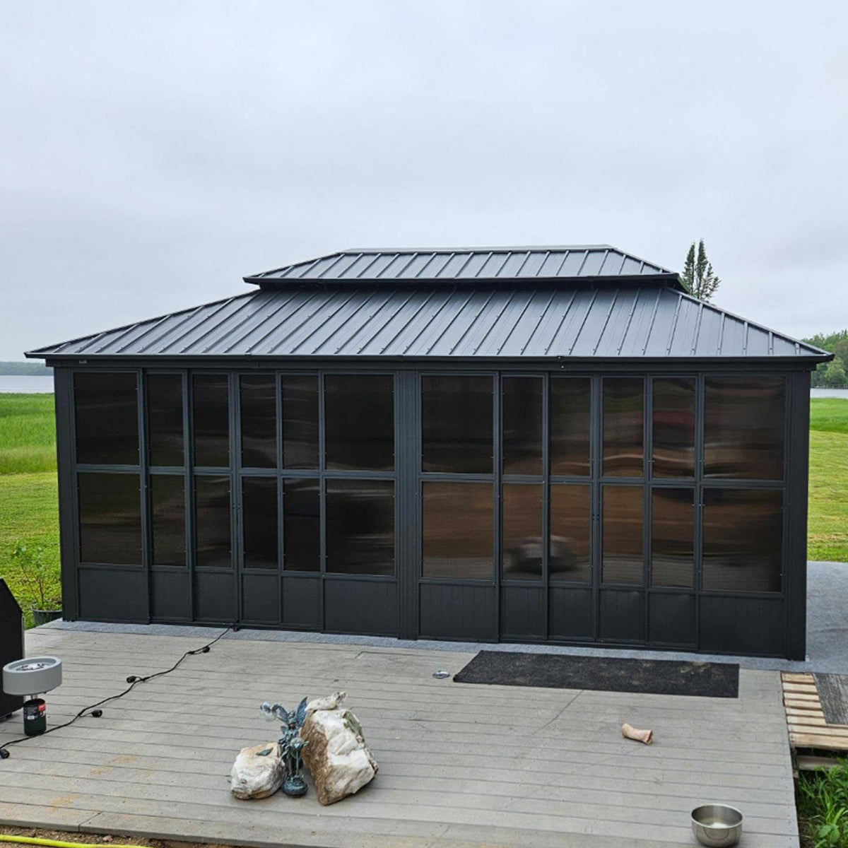 PURPLE LEAF Sunroom Hardtop Gazebo Solarium Grey Galvanized Steel Double Roof  All-Weather Aluminum Outdoor Screen House