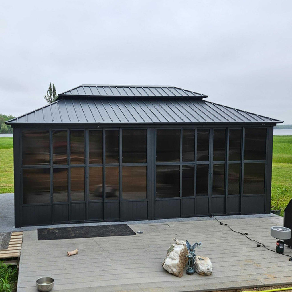 PURPLE LEAF Sunroom Hardtop Gazebo Solarium Grey Galvanized Steel Double Roof  All-Weather Aluminum Outdoor Screen House