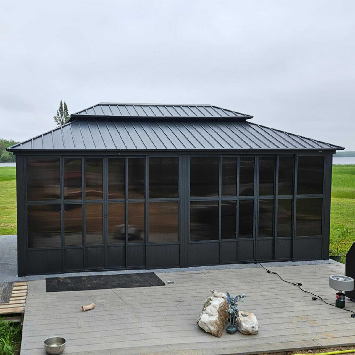 PURPLE LEAF Sunroom Hardtop Gazebo Solarium Grey Galvanized Steel Double Roof  All-Weather Aluminum Outdoor Screen House