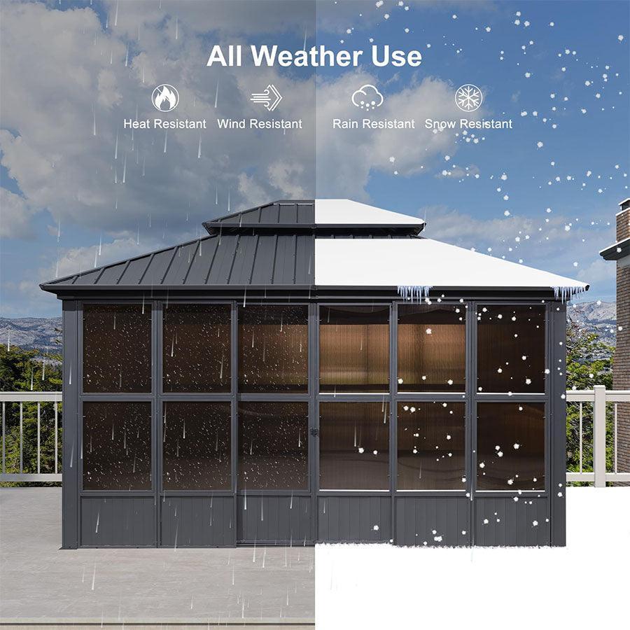 PURPLE LEAF Sunroom Hardtop Gazebo Solarium Grey Galvanized Steel Double Roof  All-Weather Aluminum Outdoor Screen House