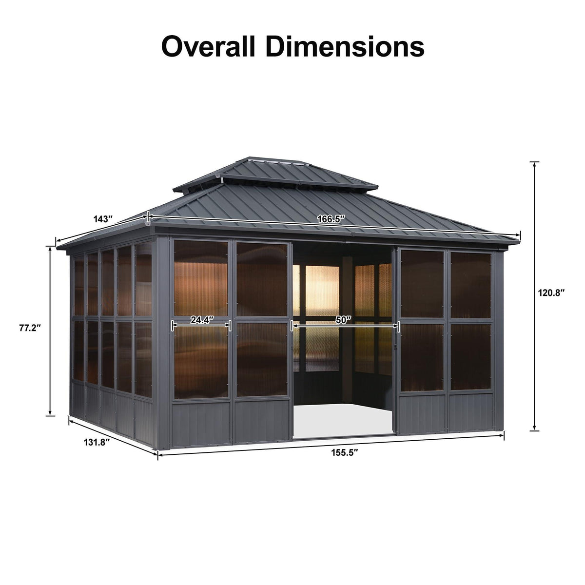 PURPLE LEAF Sunroom Hardtop Gazebo Solarium Grey Galvanized Steel Double Roof  All-Weather Aluminum Outdoor Screen House
