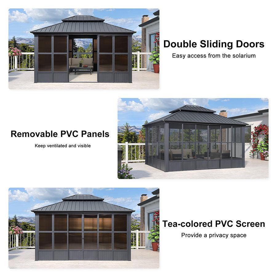 PURPLE LEAF Sunroom Hardtop Gazebo Solarium Grey Galvanized Steel Double Roof  All-Weather Aluminum Outdoor Screen House