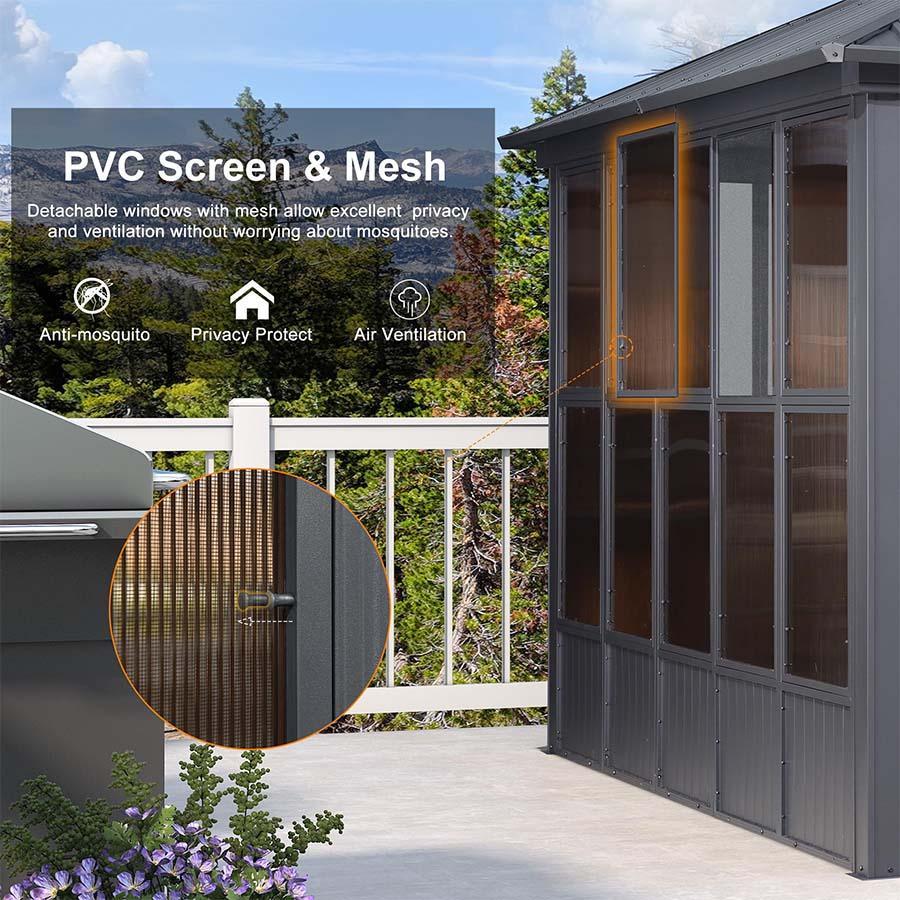 PURPLE LEAF Sunroom Hardtop Gazebo Solarium Grey Galvanized Steel Double Roof  All-Weather Aluminum Outdoor Screen House