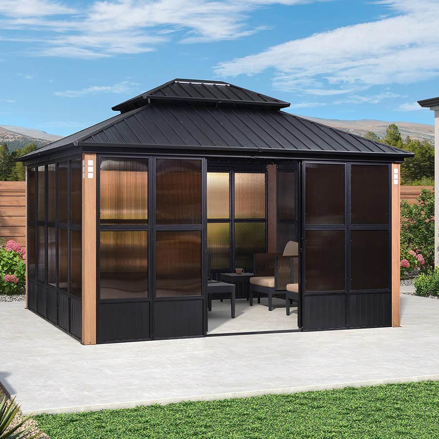 PURPLE LEAF Sunroom Hardtop Gazebo with Wood Grain Columns Black Frame Double Roof Galvanized Steel Solarium All-Weather Screen House