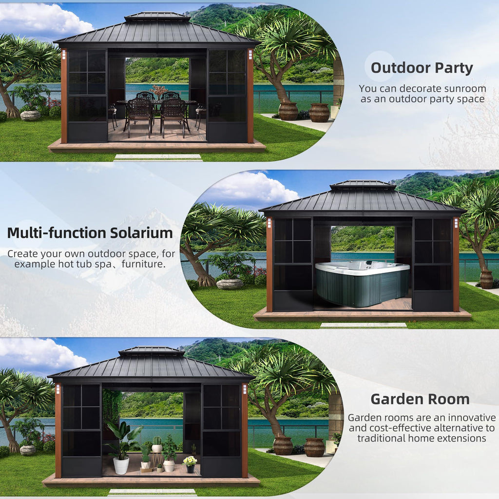 PURPLE LEAF Sunroom Hardtop Gazebo with Wood Grain Columns Black Frame Double Roof Galvanized Steel Solarium All-Weather Screen House