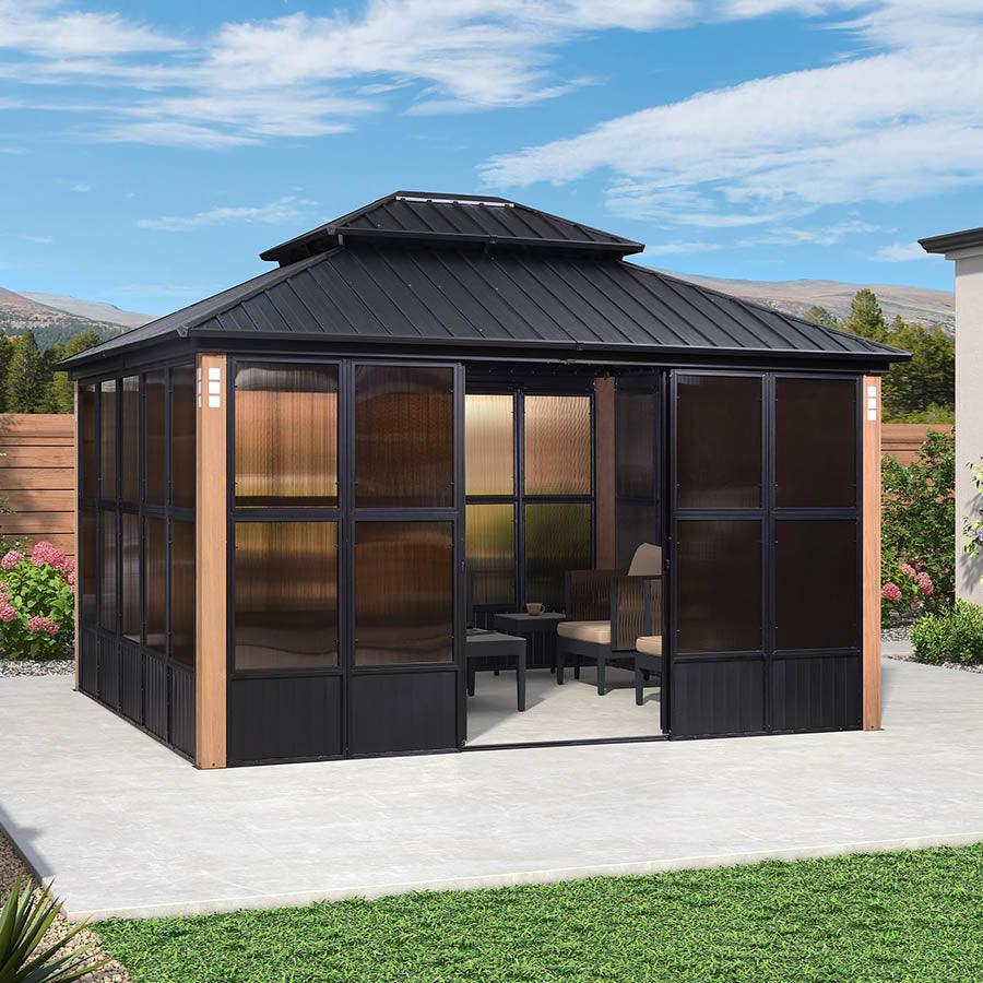 PURPLE LEAF Sunroom Hardtop Gazebo with Wood Grain Columns Black Frame Double Roof Galvanized Steel Solarium All-Weather Screen House