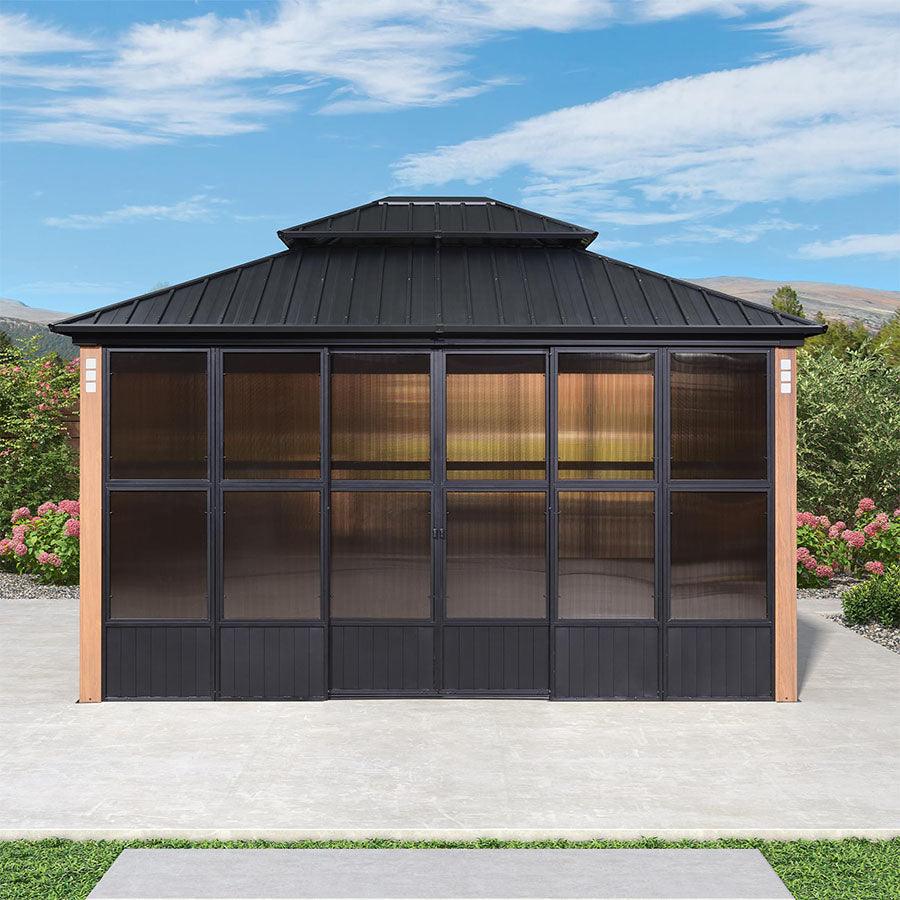 PURPLE LEAF Sunroom Hardtop Gazebo with Wood Grain Columns Black Frame Double Roof Galvanized Steel Solarium All-Weather Screen House