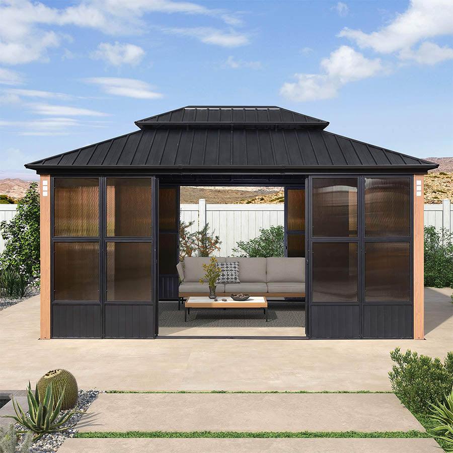 PURPLE LEAF Sunroom Hardtop Gazebo with Wood Grain Columns Black Frame Double Roof Galvanized Steel Solarium All-Weather Screen House