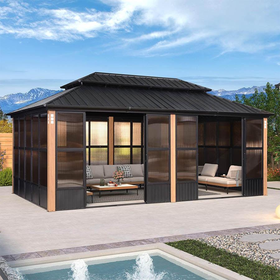 PURPLE LEAF Sunroom Hardtop Gazebo with Wood Grain Columns Black Frame Double Roof Galvanized Steel Solarium All-Weather Screen House