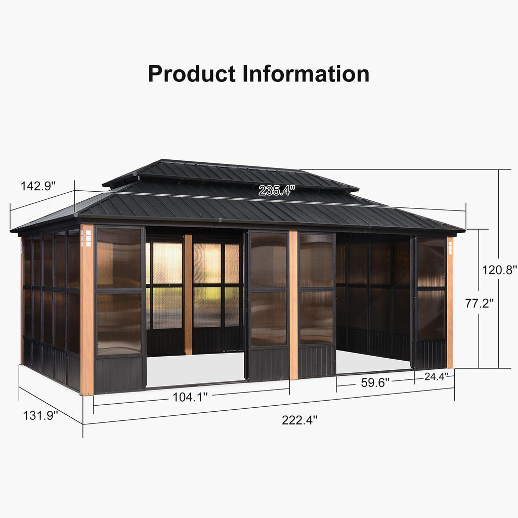 PURPLE LEAF Sunroom Hardtop Gazebo with Wood Grain Columns Black Frame Double Roof Galvanized Steel Solarium All-Weather Screen House