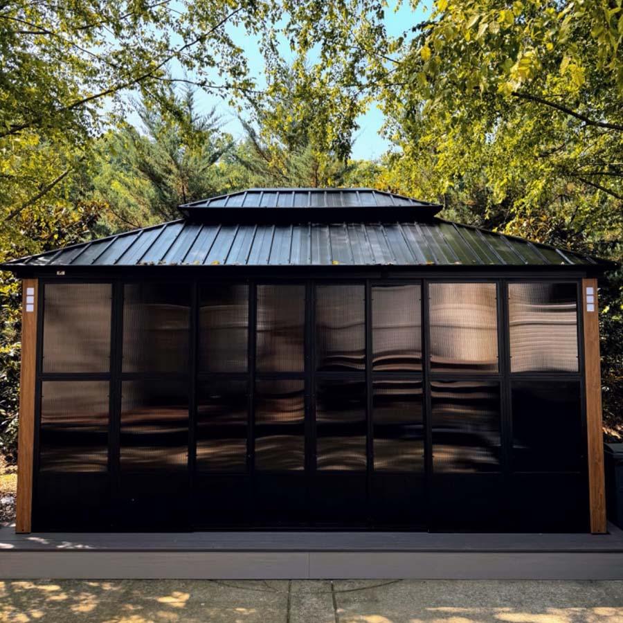 PURPLE LEAF Sunroom Hardtop Gazebo with Wood Grain Columns Black Frame Double Roof Galvanized Steel Solarium All-Weather Screen House