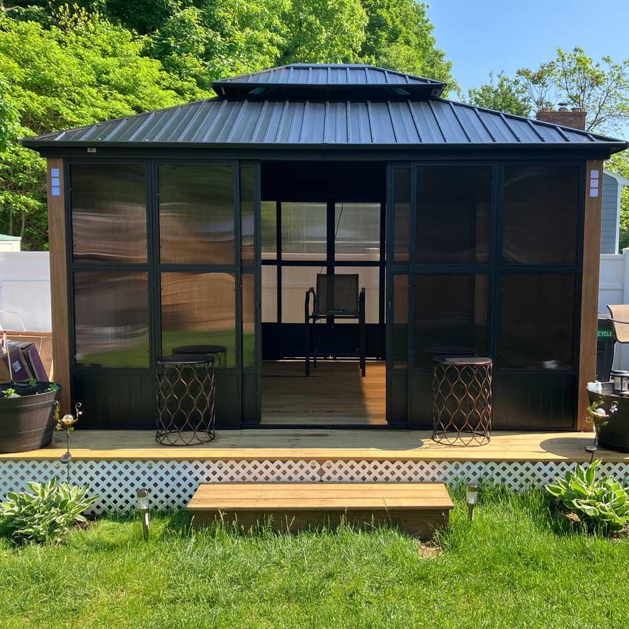 PURPLE LEAF Sunroom Hardtop Gazebo with Wood Grain Columns Black Frame Double Roof Galvanized Steel Solarium All-Weather Screen House