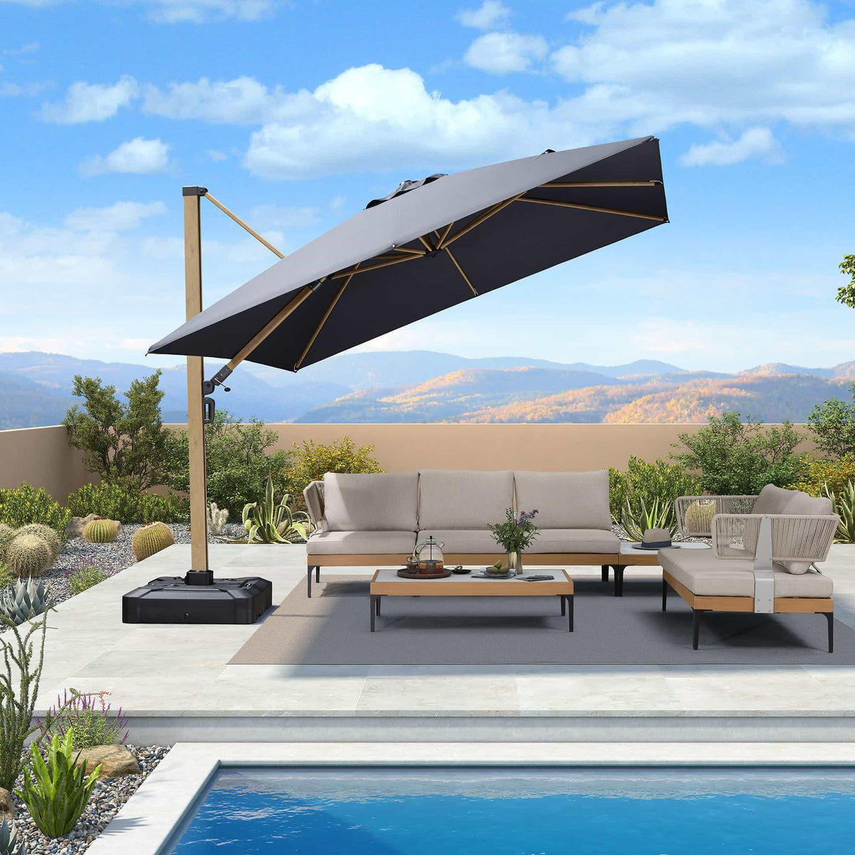 PURPLE LEAF Wood Grain Cantilever Patio Umbrella Aluminum Outdoor Umbrellas