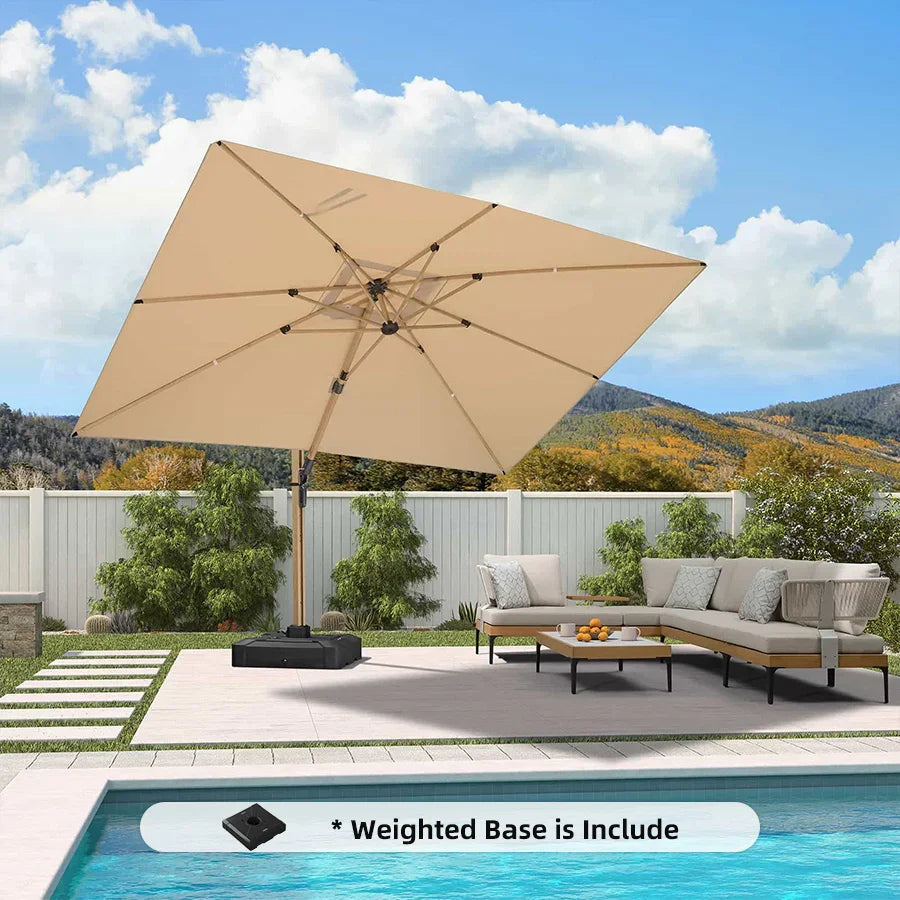 PURPLE LEAF Wood Grain Patio Umbrella with Base, Large Cantilever Umbrella for Garden