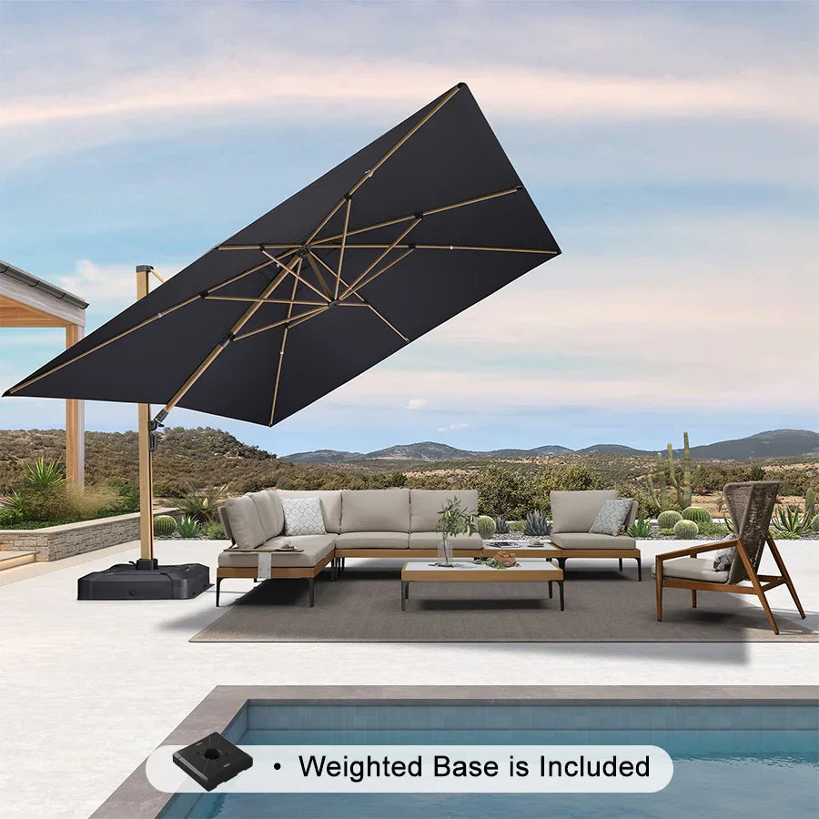 PURPLE LEAF Wood Grain Patio Umbrella with Base, Large Cantilever Umbrella for Garden