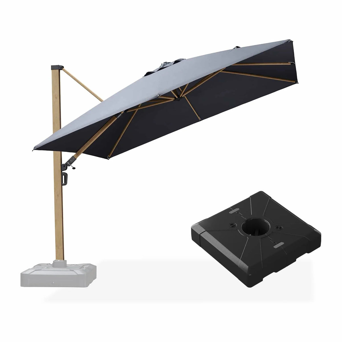 PURPLE LEAF Wood Grain Patio Umbrella with Base, Large Cantilever Umbrella for Garden