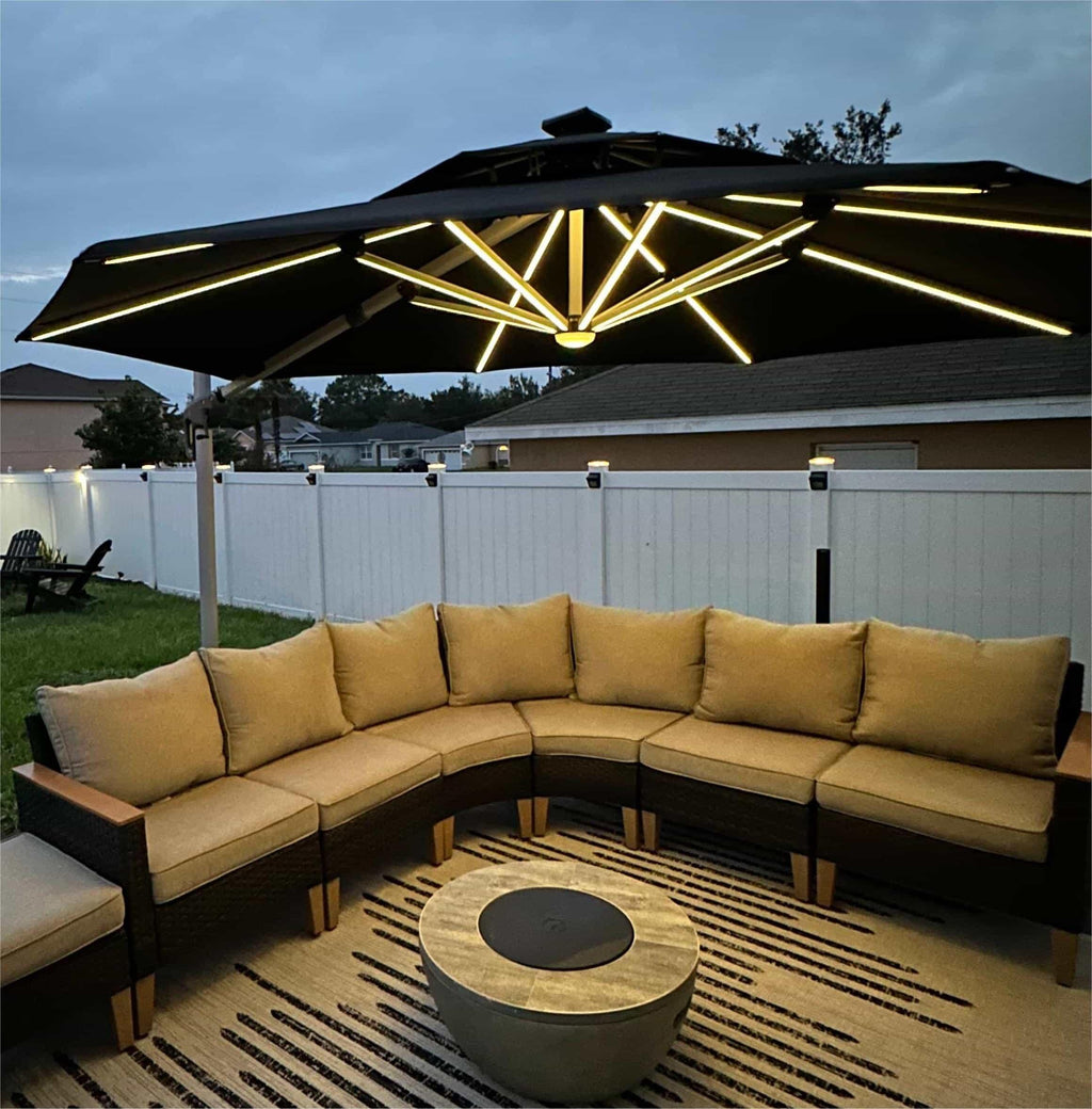 PURPLE LEAF Round Cantilever Umbrella with Base, Outdoor Umbrellas with Lights