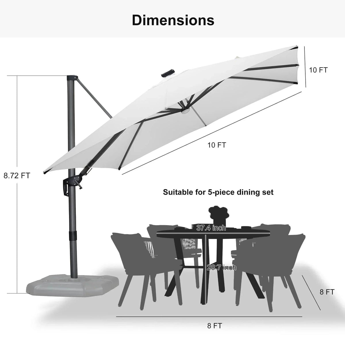 PURPLE LEAF – Parasol de terrasse déporté 10ft avec éclairage LED, rotation 360° et inclinaison
