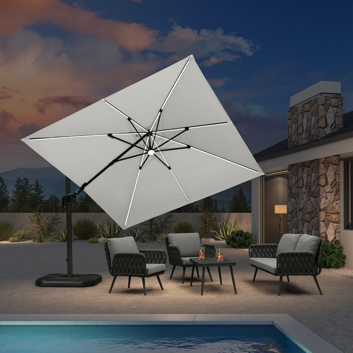 PURPLE LEAF – Parasol de terrasse déporté 10ft avec éclairage LED, rotation 360° et inclinaison