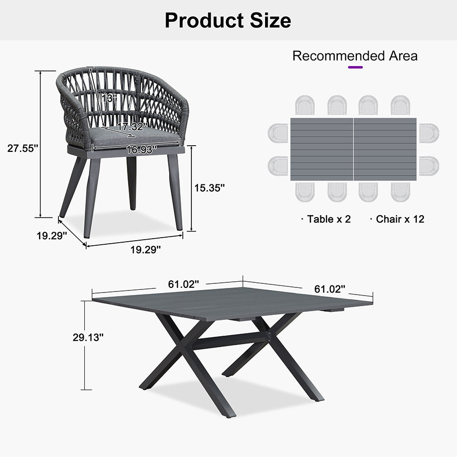 PURPLE LEAF Modern Outdoor Dining Table with 6/8/10 Seats, All-Weather Aluminum Table and Rattan Chairs with Cushions, Champagne