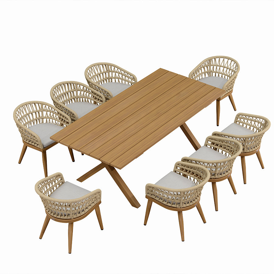 PURPLE LEAF Modern Outdoor Dining Table with 6/8/10 Seats, All-Weather Aluminum Table and Rattan Chairs with Cushions, Champagne