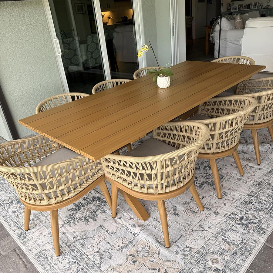 PURPLE LEAF Modern Outdoor Dining Table with 6/8/10 Seats, All-Weather Aluminum Table and Rattan Chairs with Cushions, Champagne