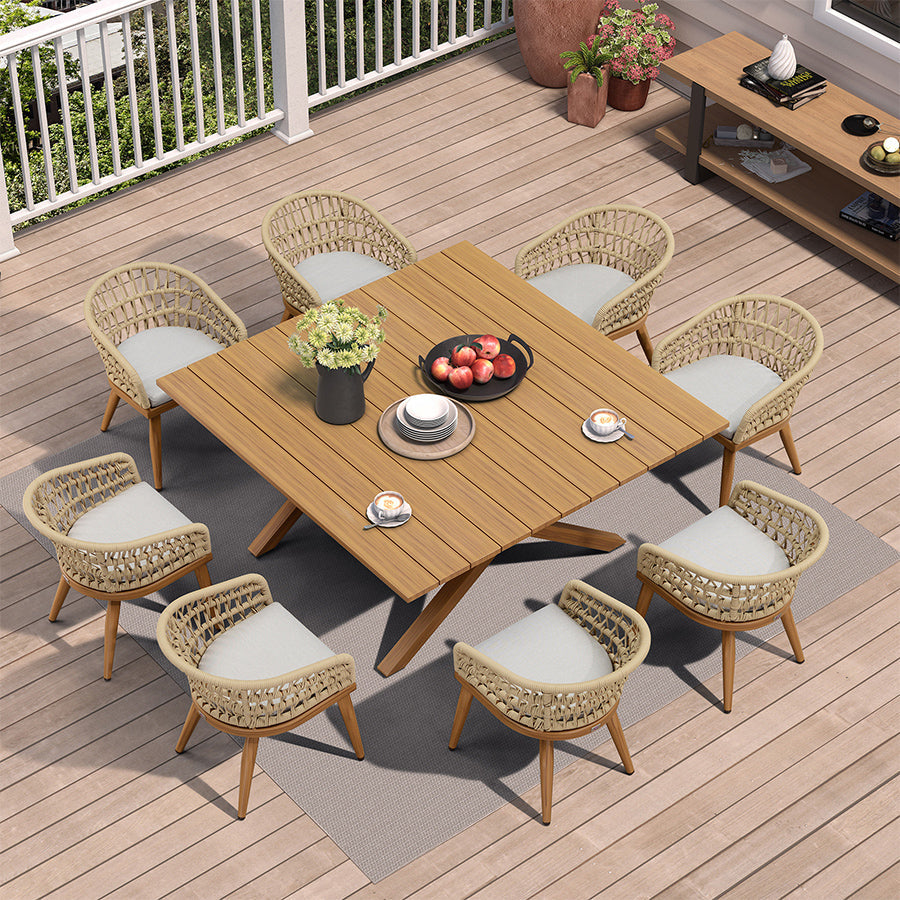 PURPLE LEAF Modern Outdoor Dining Table with 6/8/10 Seats, All-Weather Aluminum Table and Rattan Chairs with Cushions, Champagne